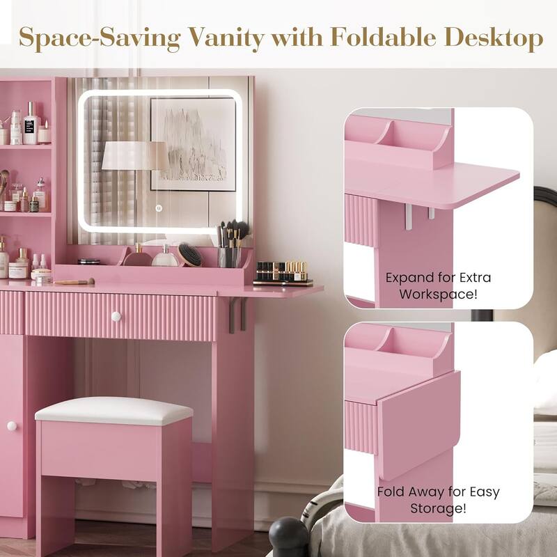 Foldable Panel Makeup Vanity Desk with Lighted Mirror for Compact Space
