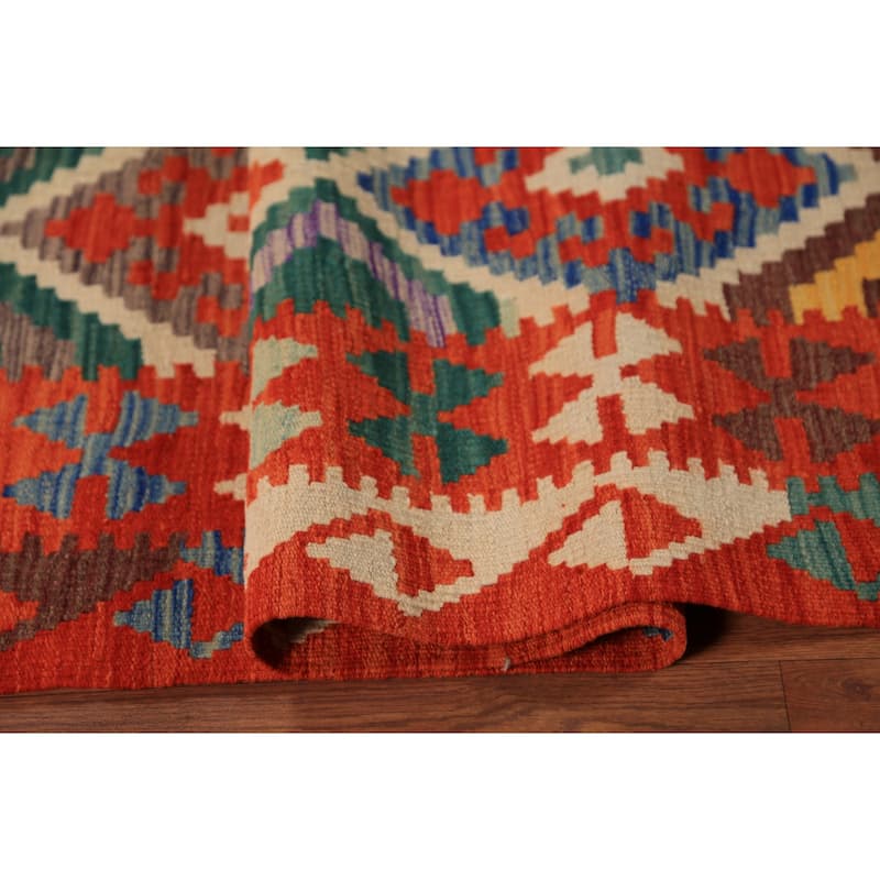 South Western Style Kilim Oriental Rug Flatweave Orange Wool Carpet - 8'3"x 9'11"
