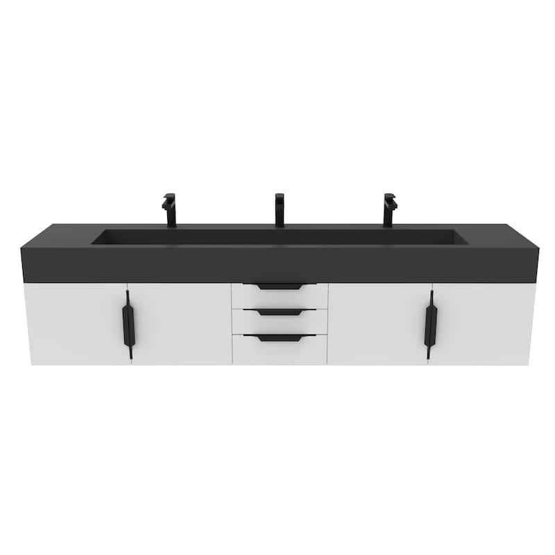 Nile 84-Inch Wall Mounted Bathroom Vanity Set w/ Black Top