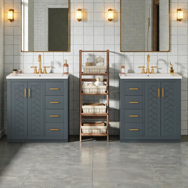 60 Inch Bathroom Vanity Set with Ceramic Sink, Solid Wood Frame Freestanding Cabinet with Soft Close Doors and Drawers