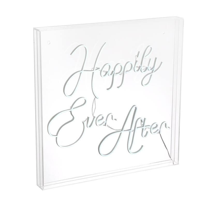 Happily Ever After 23.63" Square Contemporary Glam Acrylic Box USB Operated LED Neon Light, White by JONATHAN Y - 23.63" - White