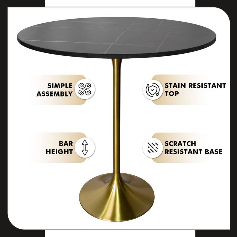 LeisureMod Verve 36" Bar Dining Table with Sintered Stone Round Top in Gold Steel, Gold Marbleized