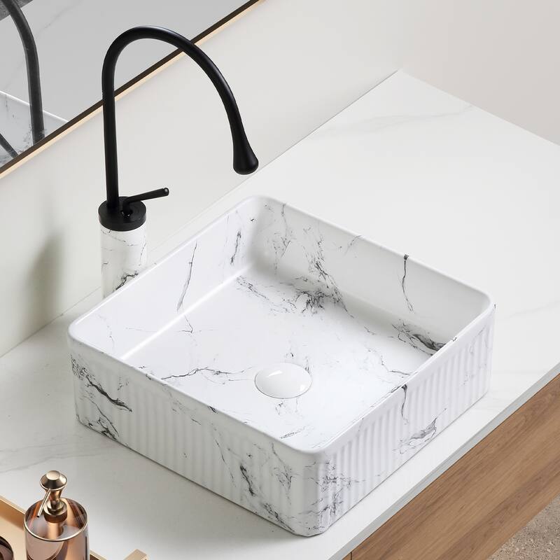 GDFStudio - Vincent Artistic Marble-Pattern Vessel Bathroom Sink with Ceramic Basin and Countertop Vanity Design - marble,White+Black - Square
