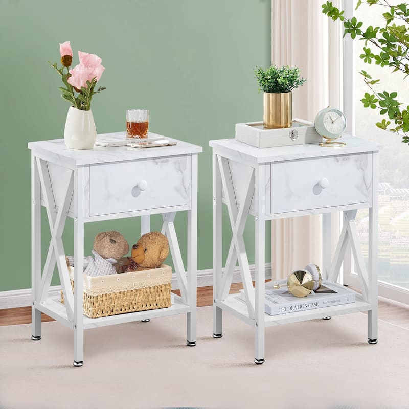 Javlergo Set of 2 Nightstand with 1 Drawer and Storage Shelf End Table Bedside Table for Bedroom Living room Office - White