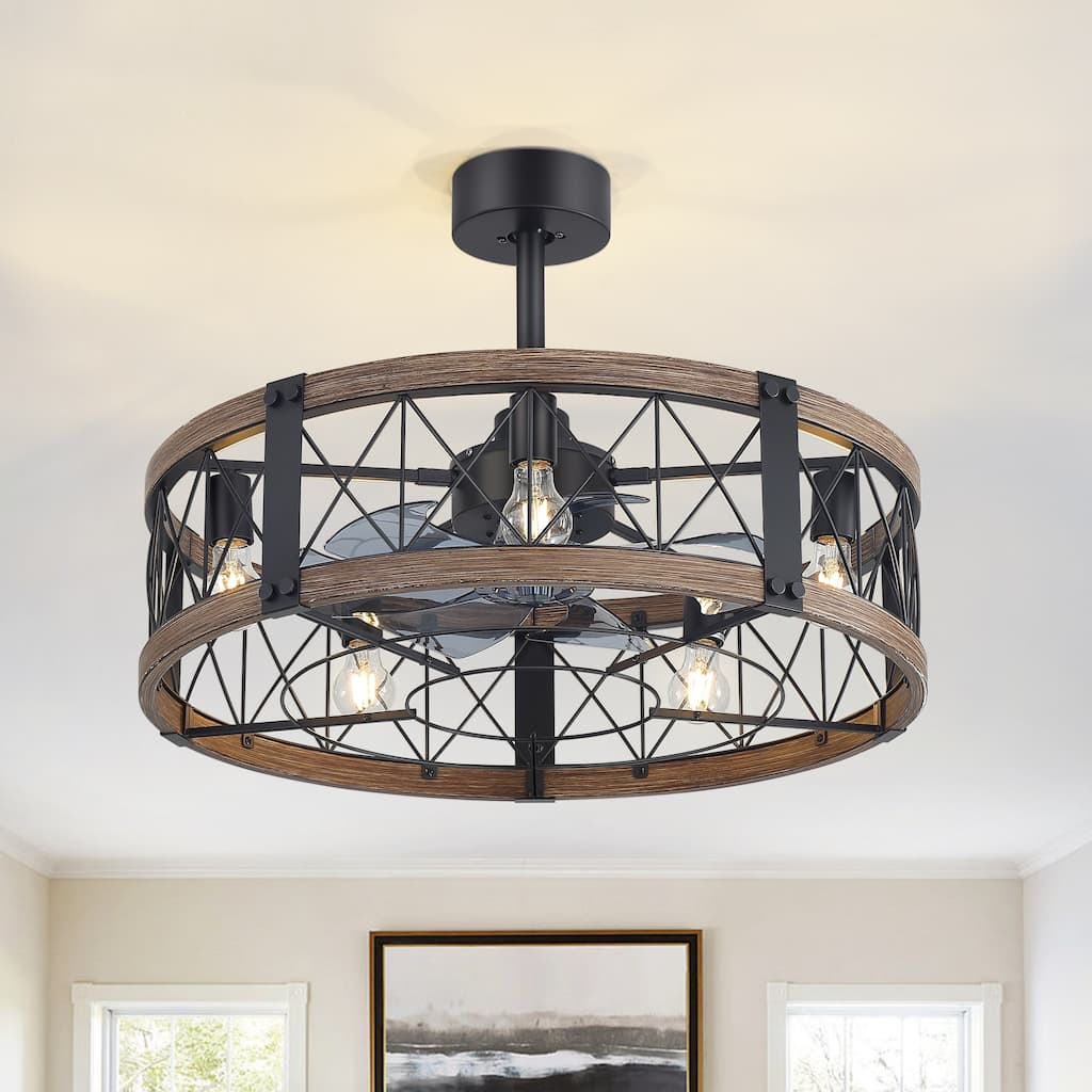 28-Inch Caged Ceiling Fan with Lights, Remote Control, DC Motor, 6-Speed Reversible Fan, 5 x E26 Bulb Bases, Rustic Farmhouse