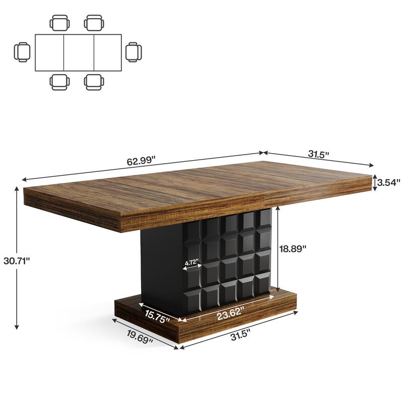 63'' Wooden Dining Dinner Table with Pedestal for 4-6, Farmhouse Kitchen Table