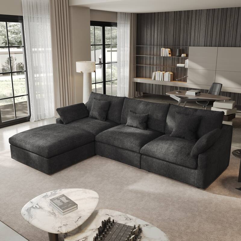 Minimalist Linen Sectional Sofa Cloud Couch, L-Shape Deep Seat Couch with Cushions - Black