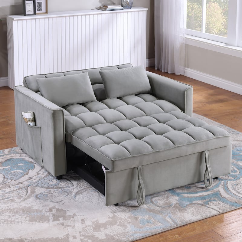 Classic 55" Width Pull Out Tufted Convertible Loveseat Sleeper Sofa Bed - 55"W x 68"L x 20"H - Grey