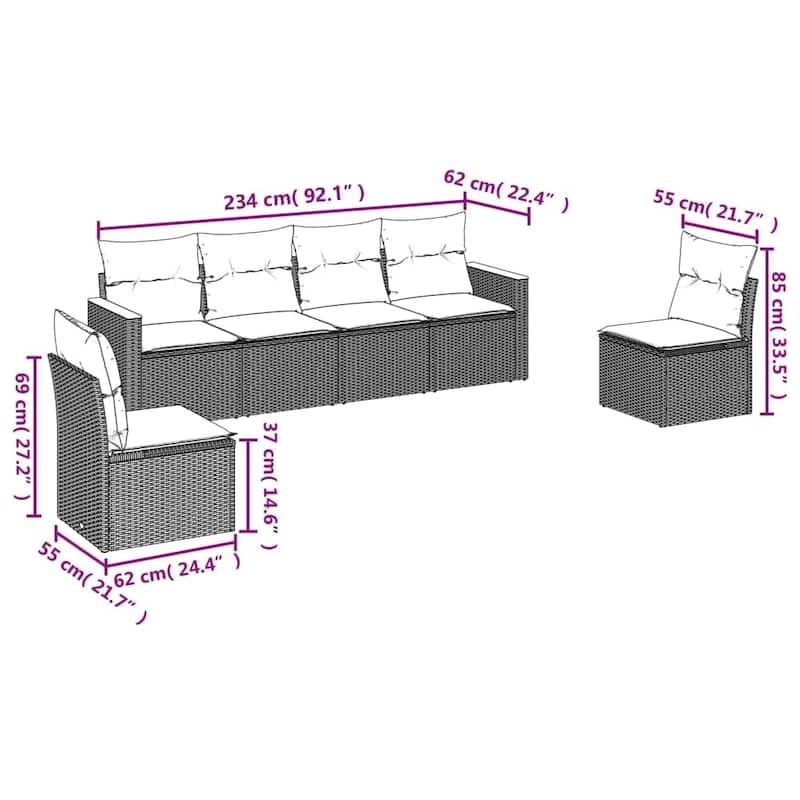 vidaXL Patio Sofa Set with Cushions Outdoor Conversation Furniture Poly Rattan - 21.7x 24.4x 27.2