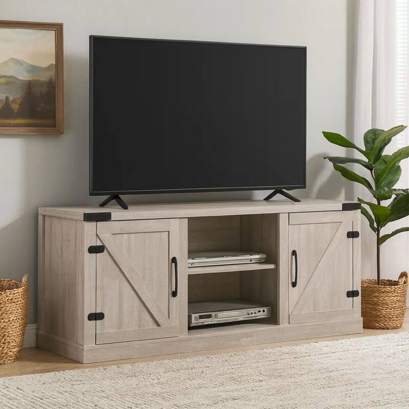 Olv 58 Inch TV Media Center Console, Barn Sliding Cabinet Doors, Light Gray