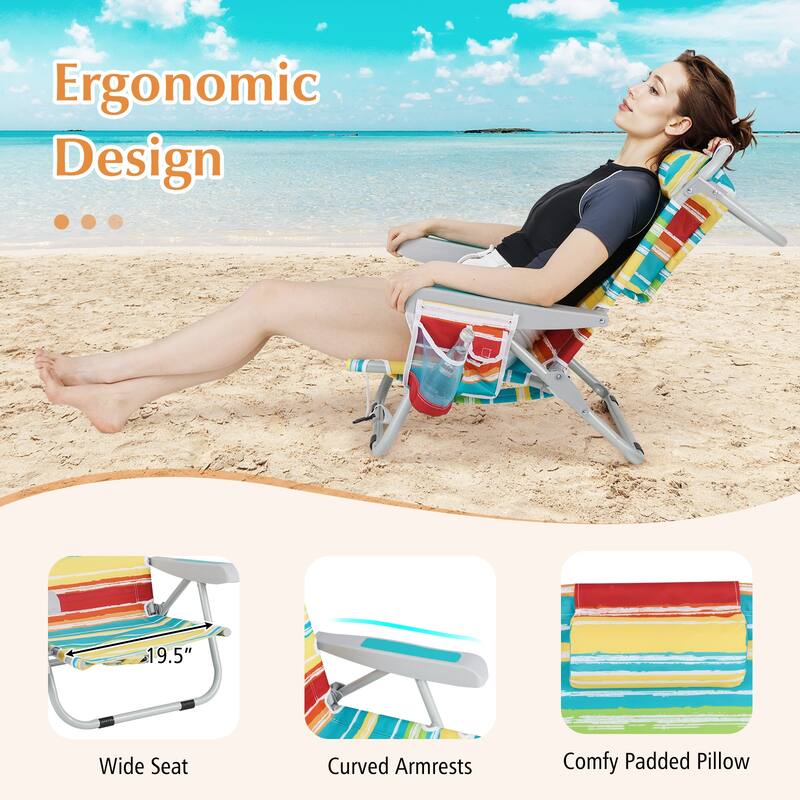 Oxford Fabric Folding Beach Chair with Adjustable Backrest, Headrest and Storage - 26" L x 25.5" W x 31" H