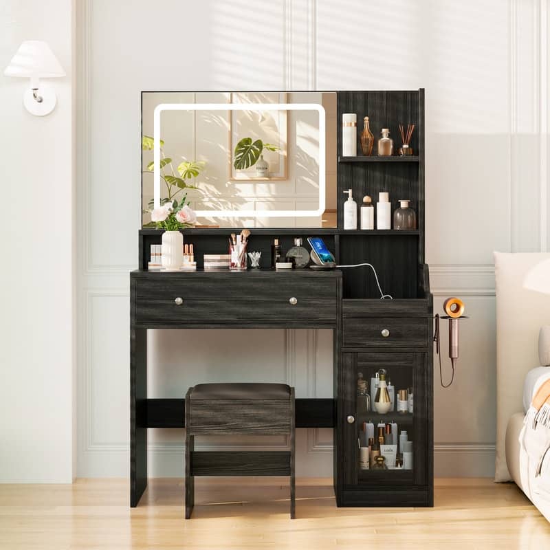 Modern Vanity Sets(1+1) with Smart LED Mirror,Large Storage,MDF Construction - Dark Grey