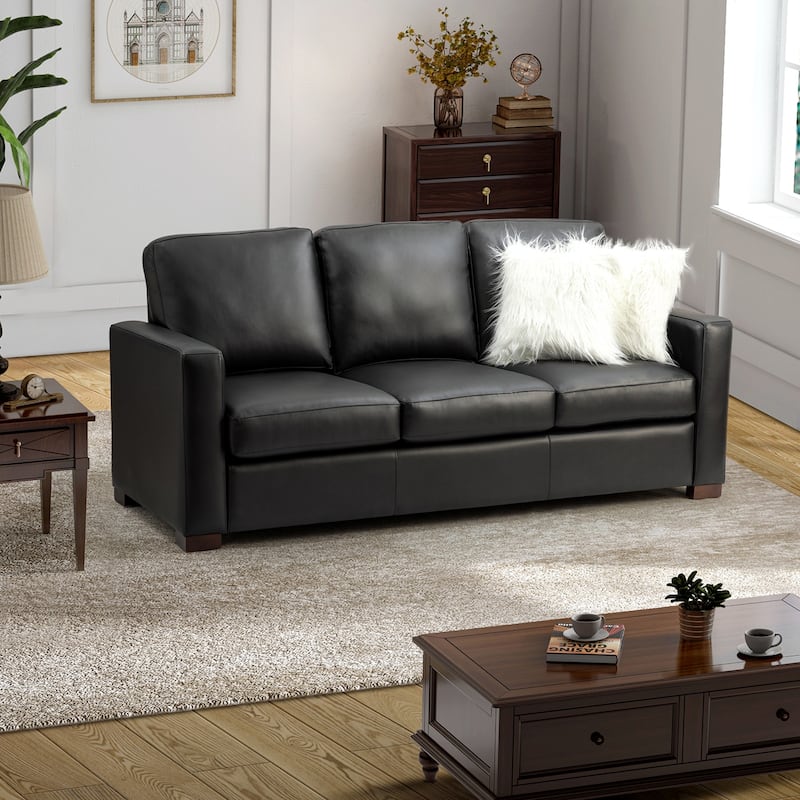 Ernando 83.46" Wide Genuine Leather Sofa with Squared Arms and Pillows