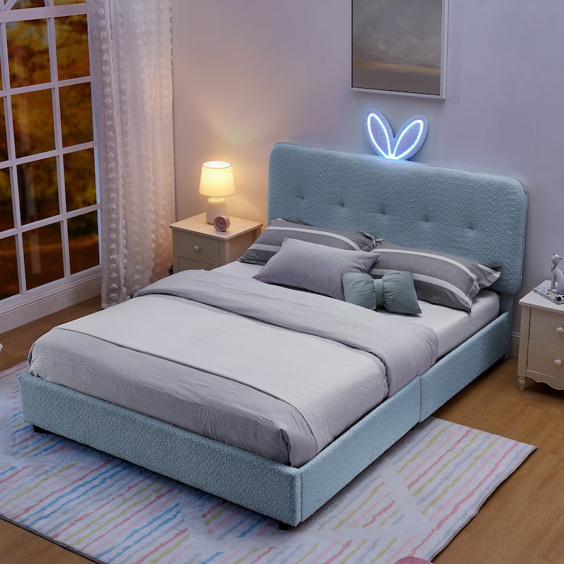 Queen Size Boucle Upholstered Bed with Rabbit Ear Headboard, LED Music Sync & 4 Drawers