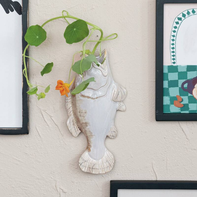 Stoneware Fish Shaped Wall Vase with Reactive Glaze