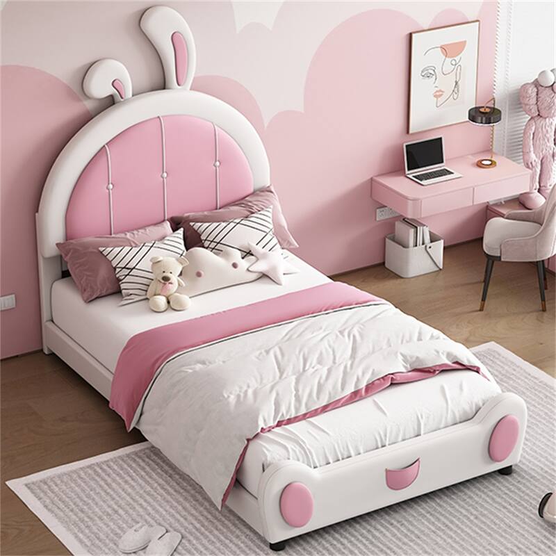 Twin Size Upholstered Platform Bed with Rabbit Shaped Headboard