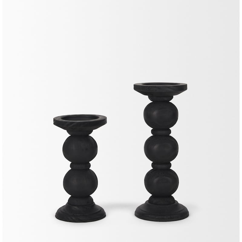 Wanda Matte Black Wood Pillar Candle Holders (Set of 2) - 4.8L x 4.8W x 11.5H