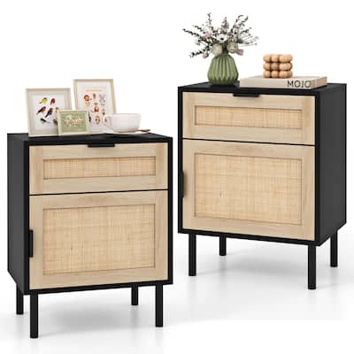 Costway Rattan Nightstand Set of 2 Mid Century Modern End Table with - See Details