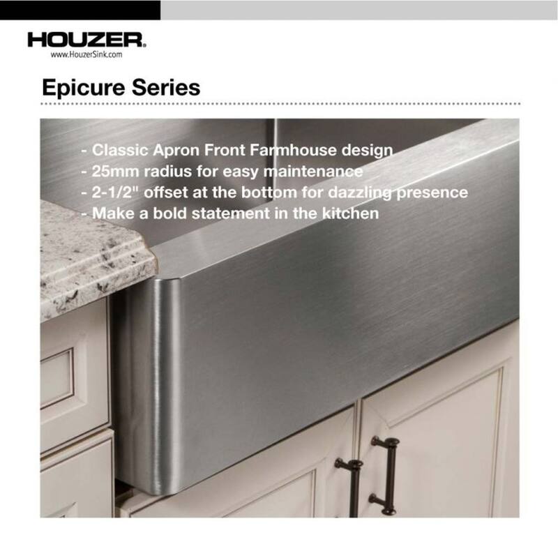 Houzer Epicure 33 inch Apron Front 60/40 Double Bowl Kitchen Sink, Small Right Bowl with Strainer & Grids