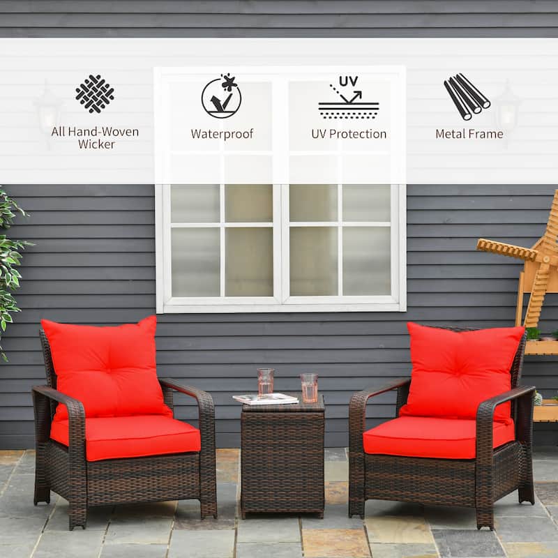 Outsunny 3 Piece PE Rattan Wicker Bistro Set with Cushions, Conversation Furniture Set for Backyard, Garden, Patio