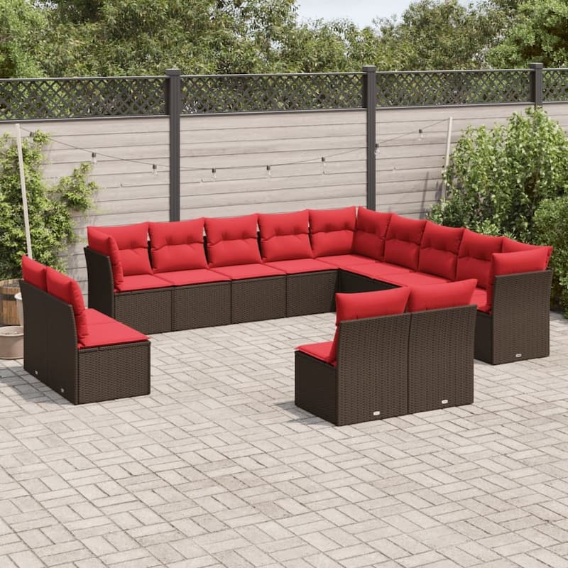 vidaXL Patio Sofa Set with Cushions Outdoor Conversation Furniture Poly Rattan - 21.7" x 24.4" x 27.2" - Brown and red without table