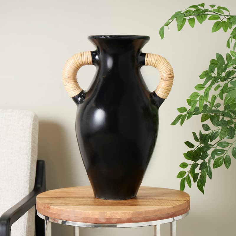 Black Ceramic Jug Inspired Vase with Rattan Wrapped Handles - Black - 14"W, 21"H