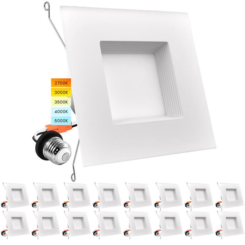 Luxrite 5/6" LED Square Recessed Lighting 5 Color Selectable 2700K, 3000K, 3500K, 4000K, 5000K Baffle Trim 16 Pack - 5 Color Selectable 27K/30K/35K/40K/50K