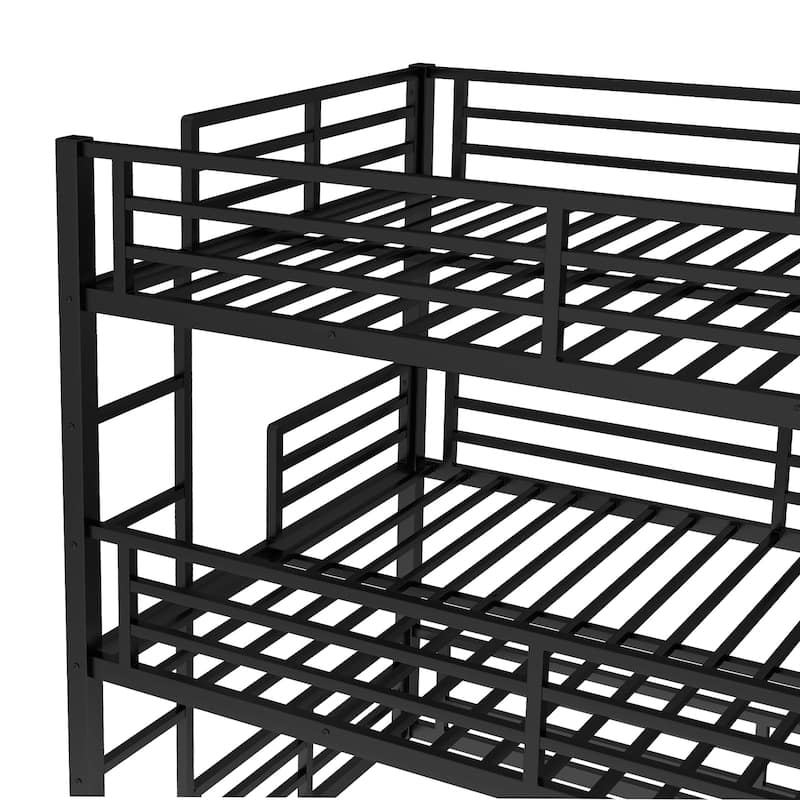 Roomfitters Twin/Full/ Queen Metal Triple Bunk Bed with Safety Guardrails, Heavy-Duty Noise-Reduced Frame, Black