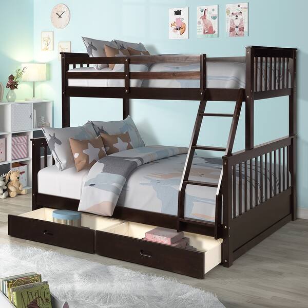 Espresso Twin Over Full Bunk Bed With 2 Pull-Out Drawers - Converts To Two Separate Beds