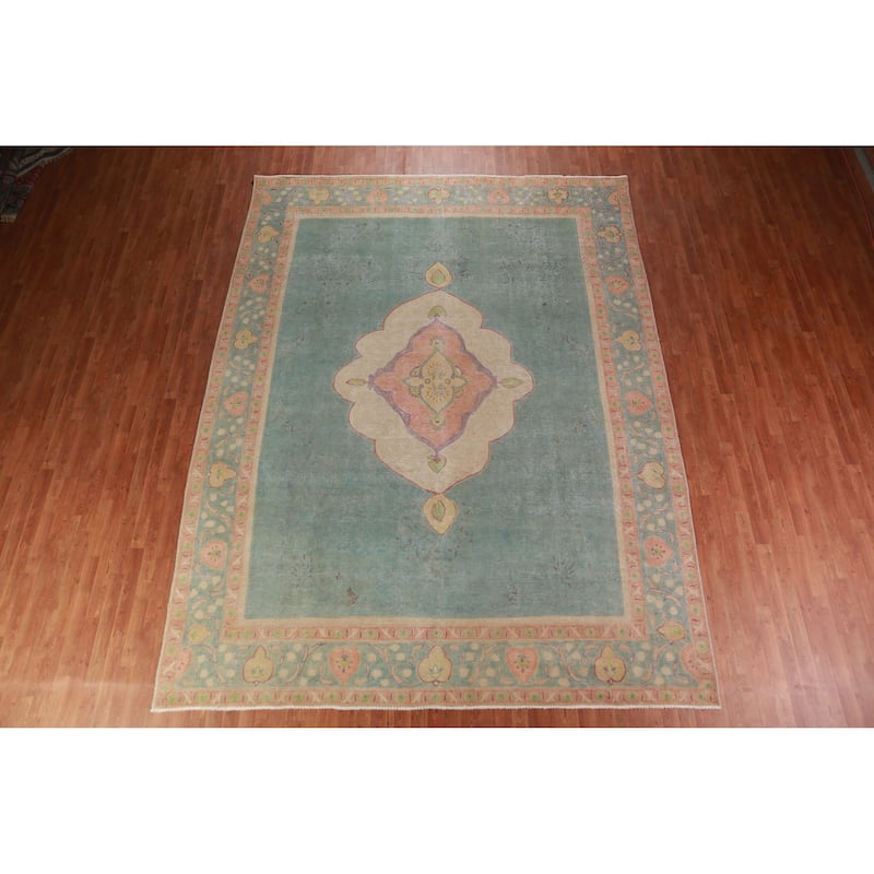 Blue Tabriz Persian Vintage Rug Oriental Handmade Wool Carpet - 9'8" x 12'9"