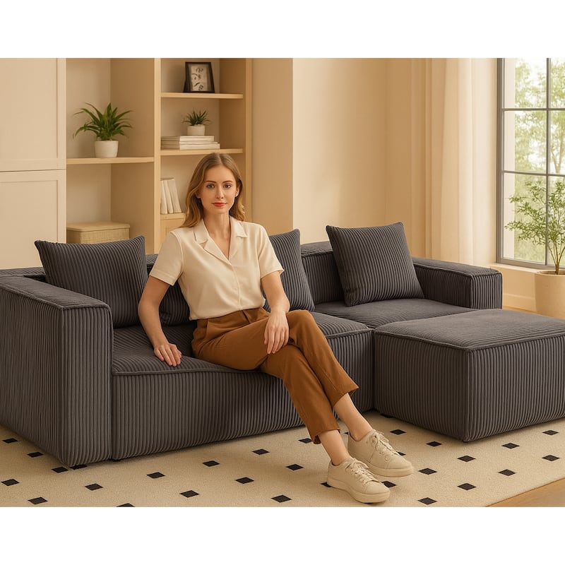 Modular Sleeper Sofa Bed Corduroy L-shaped Sectional Sofa with Chaise Floor Standing Multi Person Compressed Sofa with Ottoman