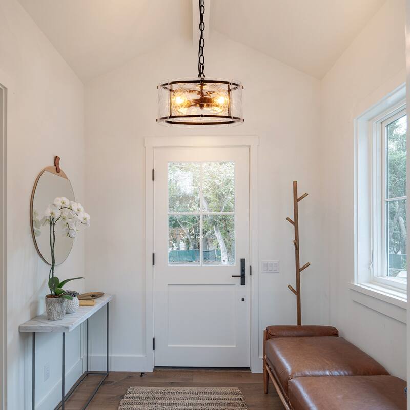 3 - Light Farmhouse Lantern Ripple Glass Drum Chandelier