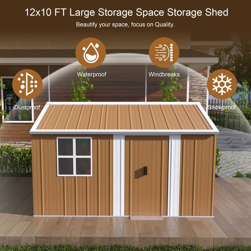 12x10 FT Heavy-Duty Metal Storage Shed with Windows, Lockable Door & Ventilation - Weatherproof Outdoor Garden Shed
