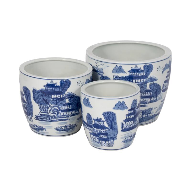 Set of 3 Ceramic Planters Contemporary Vintage Style Blue and White Planters with Chinoiserie Style Design for Home or