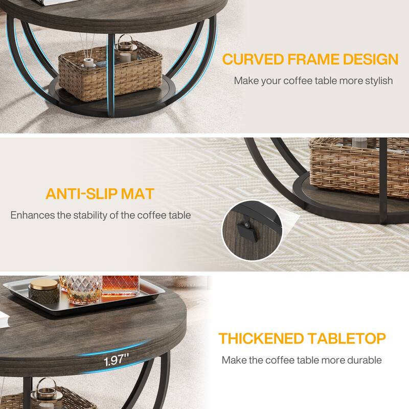 31.7" Round Coffee Table, Modern 2-Tier Center Table Sofa Side Table
