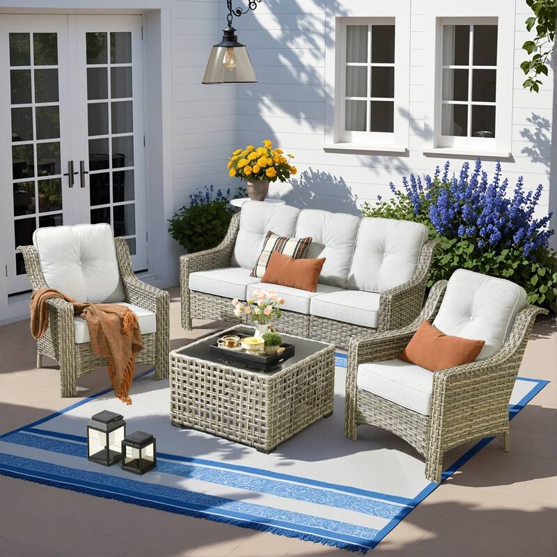 HOOOOWOOO 5-piece Wicker Rattan Patio Outdoor Furniture Ergonomic Conversation Set with Coffee Table - Grey
