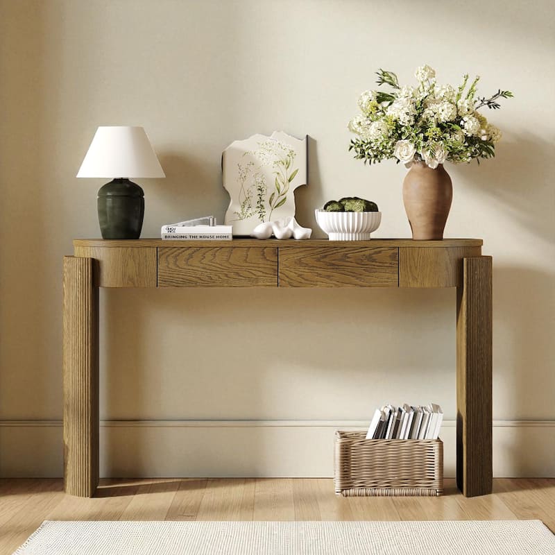 Rustic Oval Console Table with Fluted Design, 55" Entryway Accent Table with 2 Drawers and Curved Legs - Pine