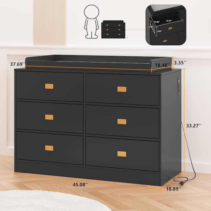 Dresser for Bedroom with 6 Drawers, Wide Chest of Drawers with Changing Table Top