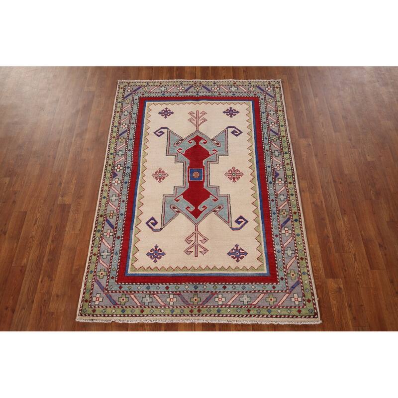 Ivory Geometric Kazak Oriental Area Rug Hand-Knotted Wool Carpet - 4'1" x 5'11"