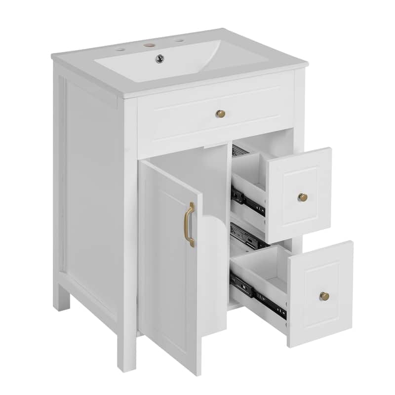 Roomfitters 24-Inch Bathroom Vanity with Ceramic Sink, 1 Soft Close Door, 2 Soft Close Drawers, and Double Storage Racks
