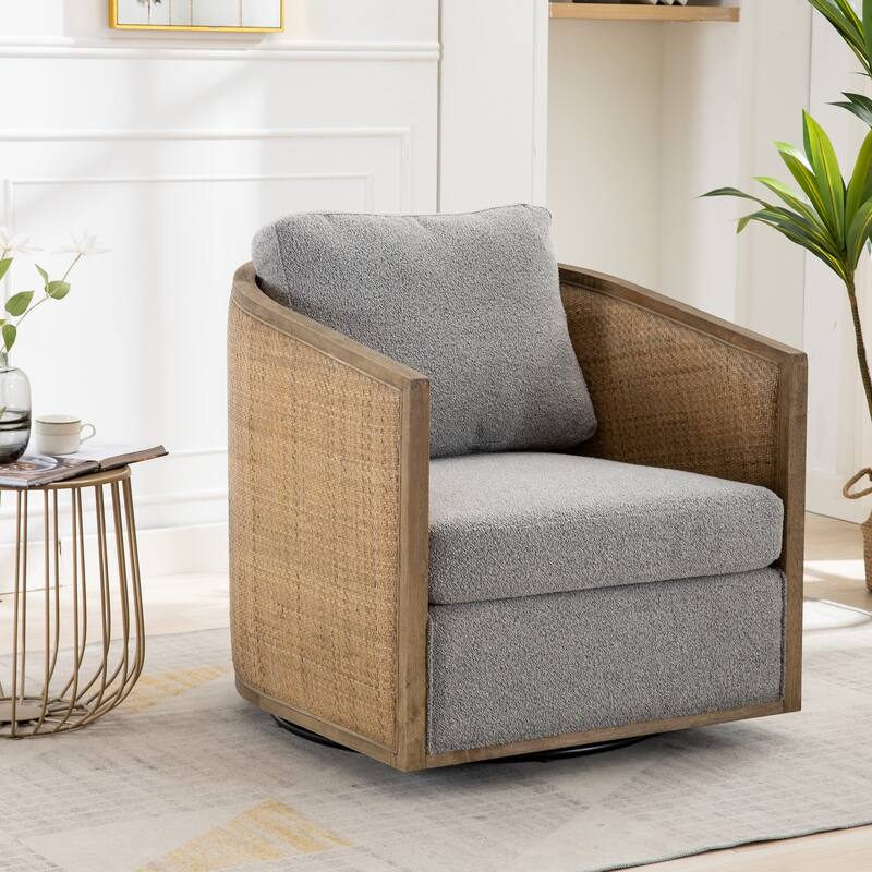 Boucle/Leather Upholstered 360 Degree Swivel Round Barrel Club Chair