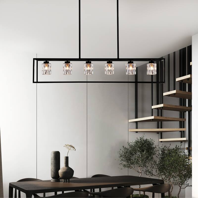 Industrial 6-Light Crystal Farmhouse Chandelier Linear Rectangular Pendant Cage Light, for Dining Room, Kitchen Island, Bar