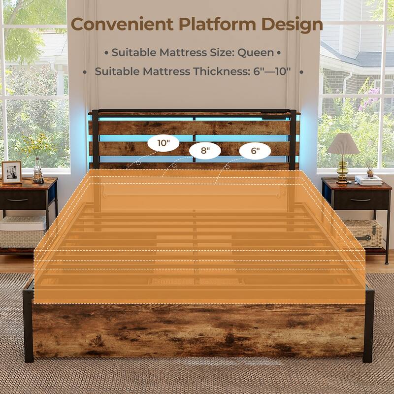 Gymax Queen Size Bed Frame w/ Drawers LED Lights Outlets & USB Ports