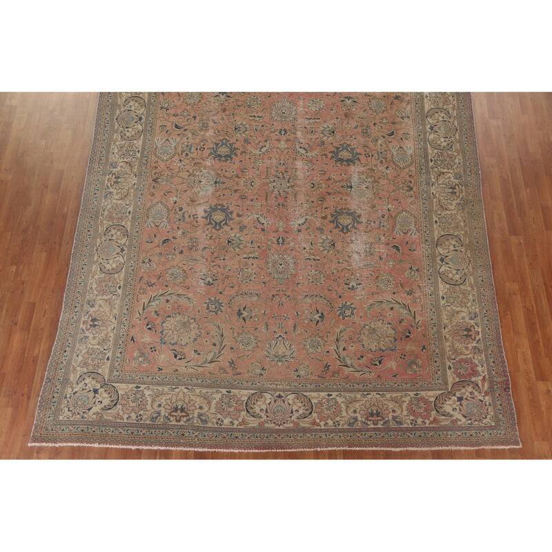 Hand Knotted Oriental 100% Wool Carpet Traditional All-Over Coral Tabriz Area Rug - 12' 6'' X 9' 2''
