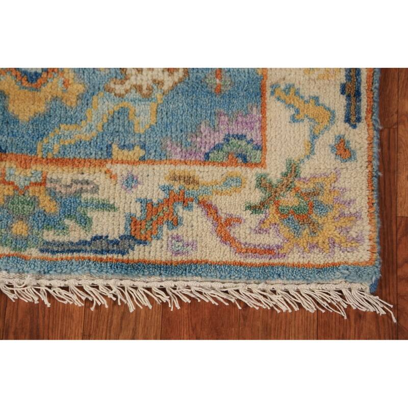 Light Blue & Ivory Oushak Indian Foyer Rug Hand-Knotted Wool Carpet - 2'6"x 6'1"