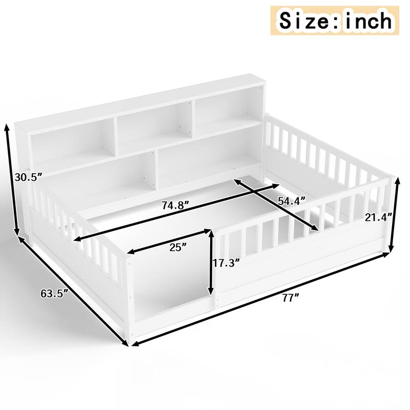 Wooden Floor Bed with Fence Guardrails, Montessori Style Kids Bed Frame with Side Storage Design