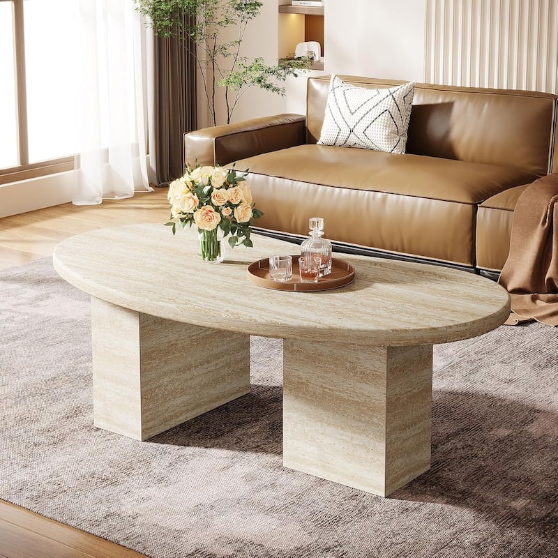 45.28 Inches Oak Wood Modern Oval Coffee Table for Living Room