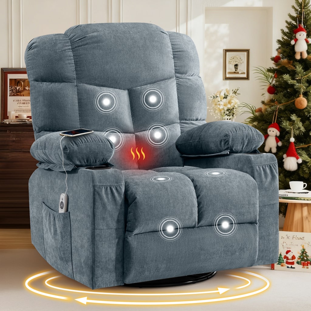 Oversized Massage Swivel Recliner Chair with Lumbar Heating for Living Room Rocker Recliner with Cup Holders and USB Charge Port