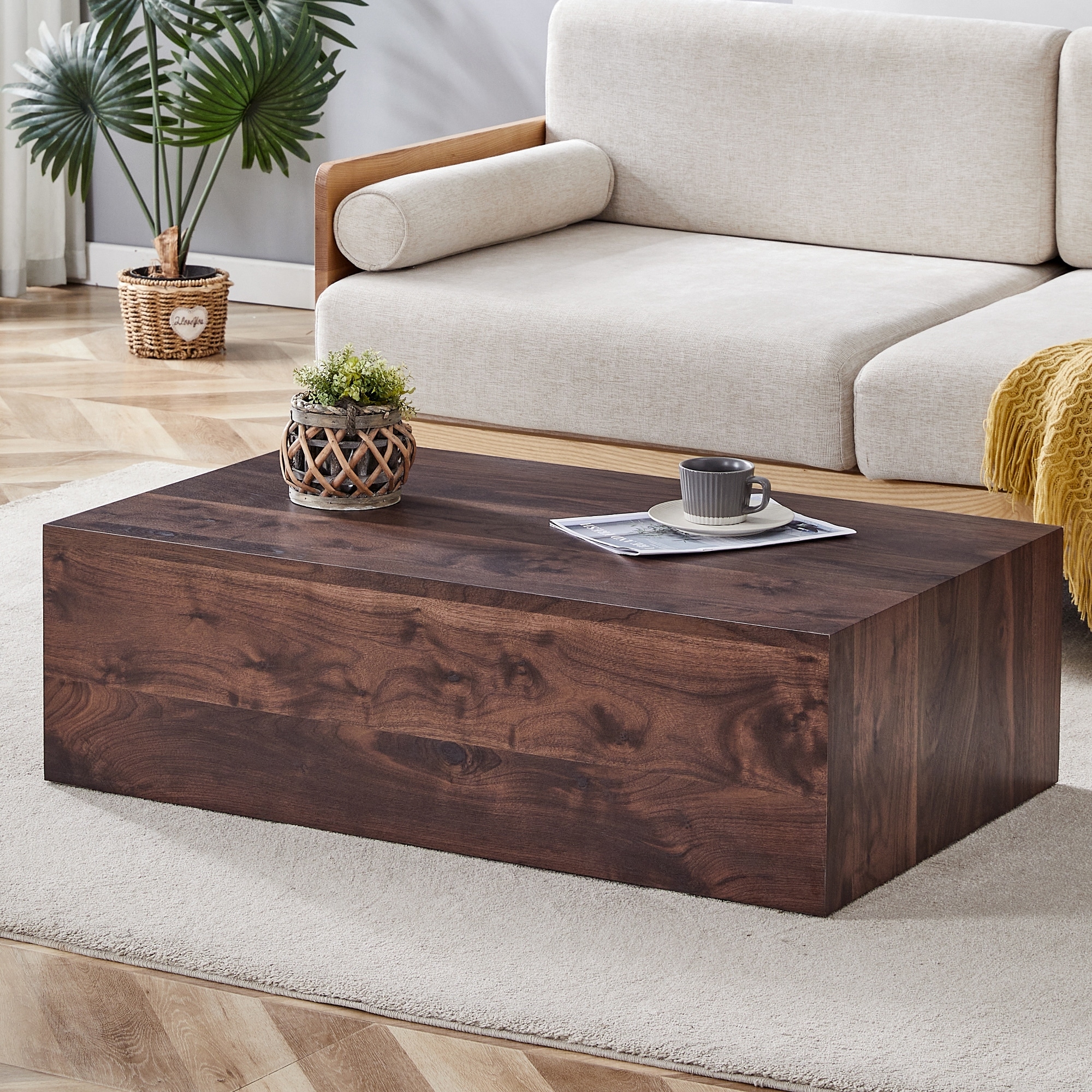 39.3x23.6x12" Walnut Wood Grain MDF Coffee Table, Perfect Living Room Accent, Fashion Texture Design Coffee Table