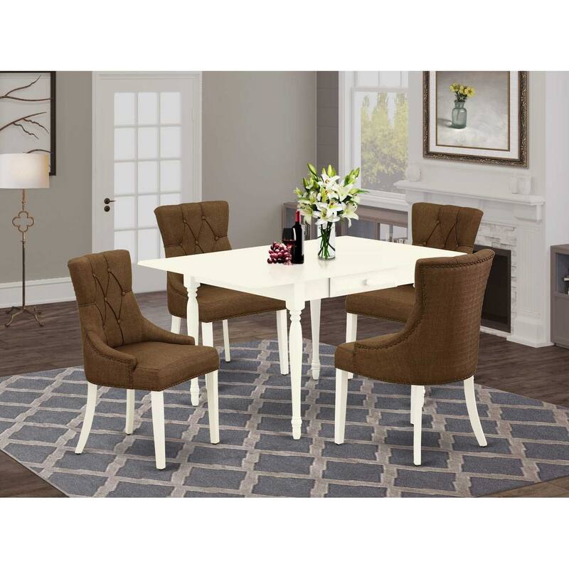 HomeStock 5-Pc Linen White Finish Solid Wood Top - Dining Room Set with Dropleaf - Seats 4